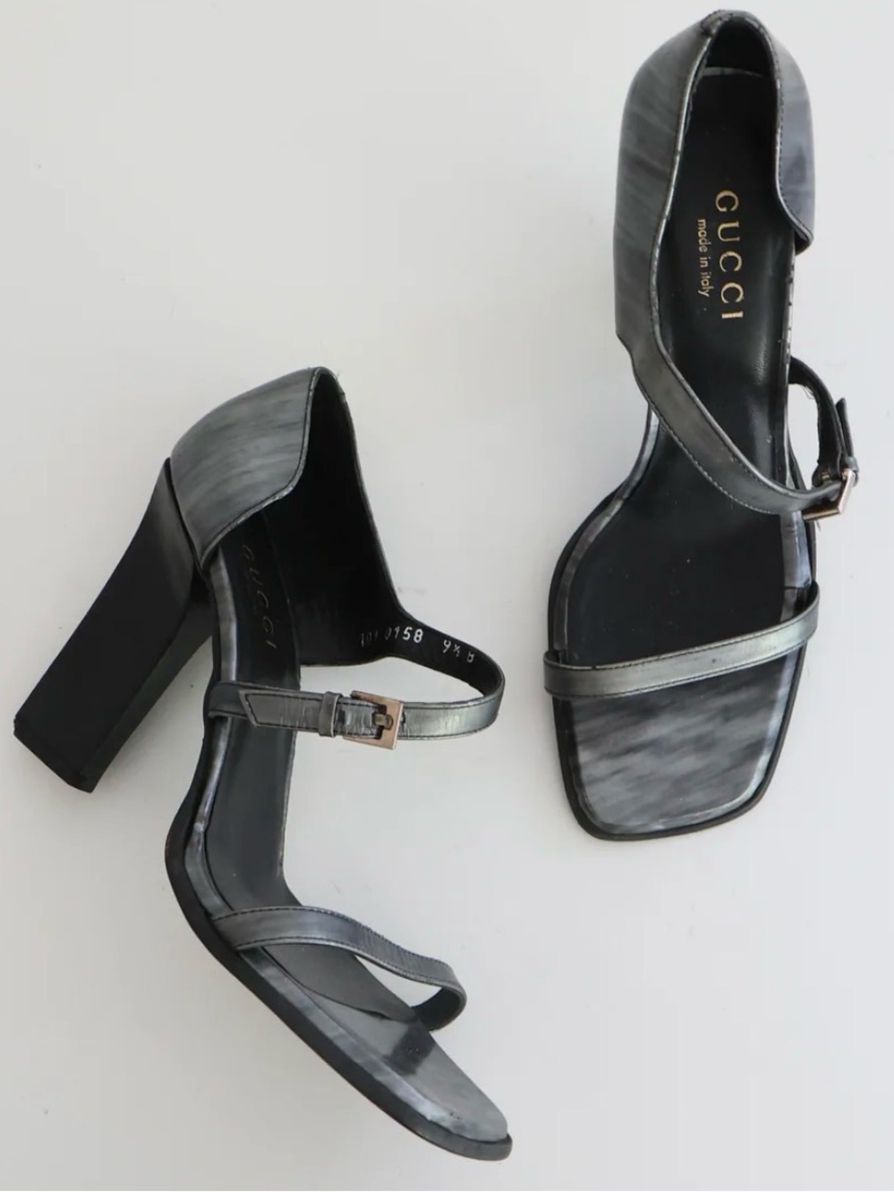 GUCCI Tom Ford 90’s Vintage Leather Gun Metallic Block Heel Strappy Sandal | 8M